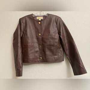 Michael Kors Faux Saddle Brown Leather Button Cropped Jacket - Size Petite M
